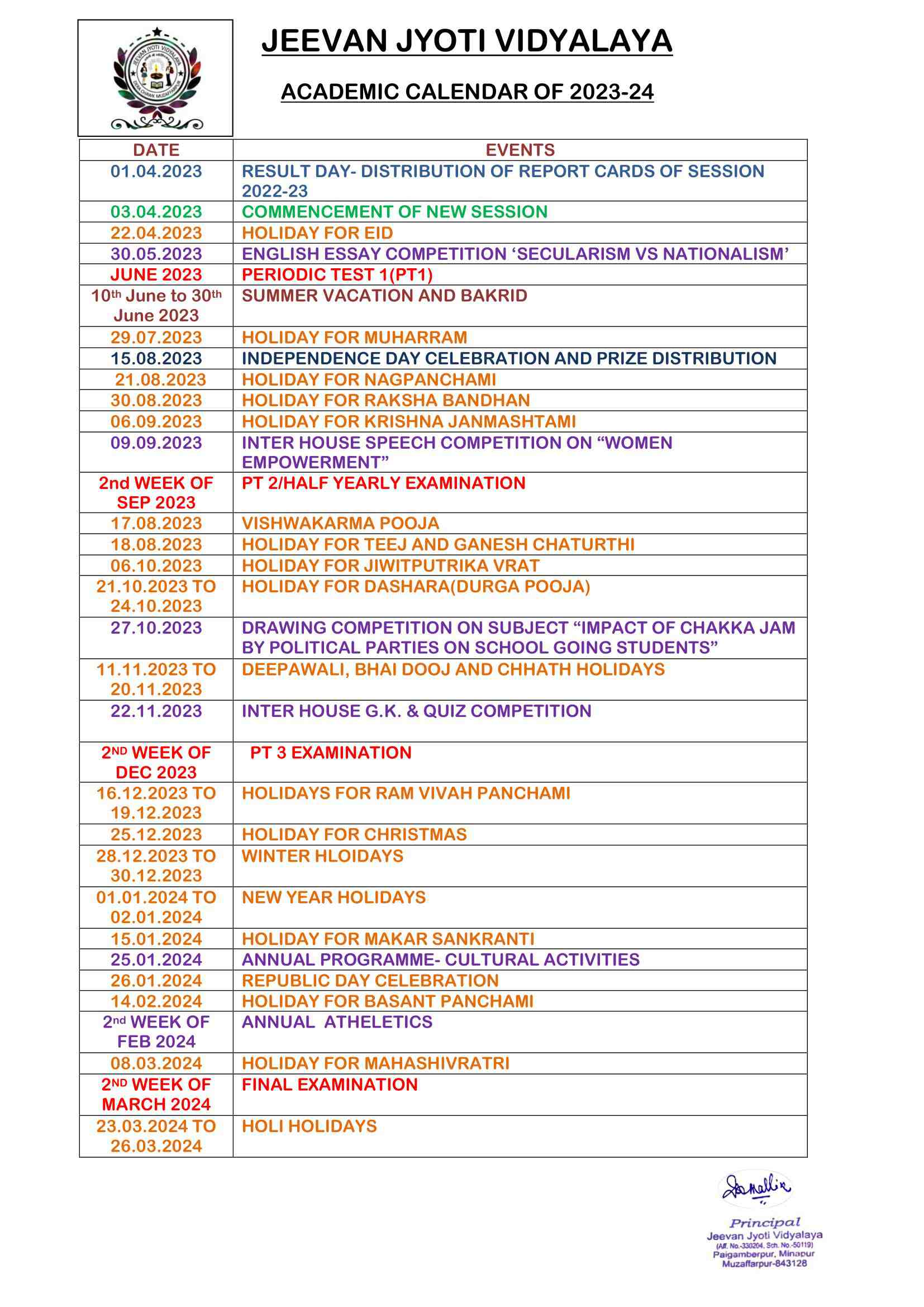 Academic Calendar 2023-24&nbsp;Jeevan Jyoti Vidyalaya
